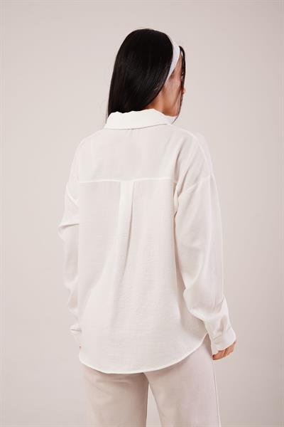 Cep Dantelli Oversize Beyaz Gömlek