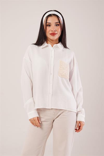 Cep Dantelli Oversize Beyaz Gömlek