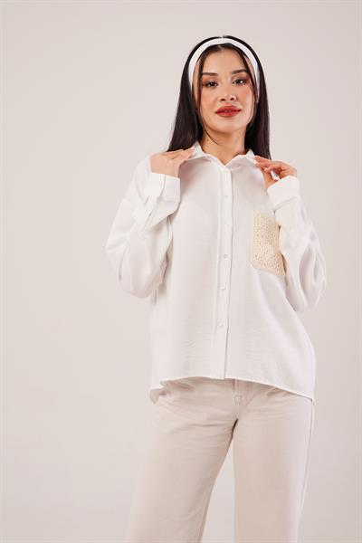 Cep Dantelli Oversize Beyaz Gömlek