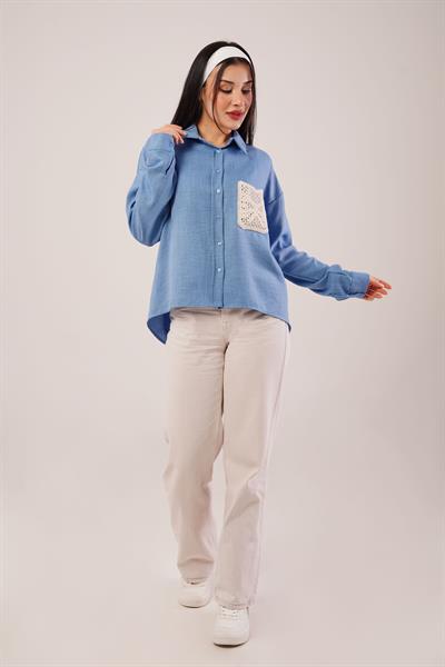 Cep Dantelli Oversize İndigo Gömlek
