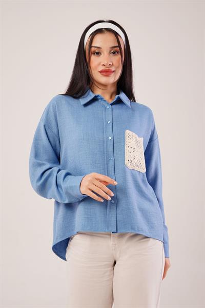 Cep Dantelli Oversize İndigo Gömlek