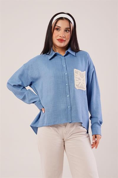 Cep Dantelli Oversize İndigo Gömlek