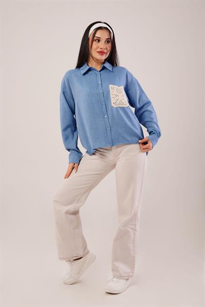 Cep Dantelli Oversize İndigo Gömlek