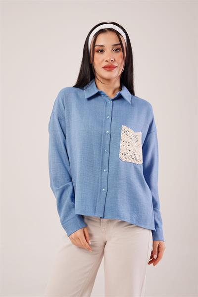 Cep Dantelli Oversize İndigo Gömlek