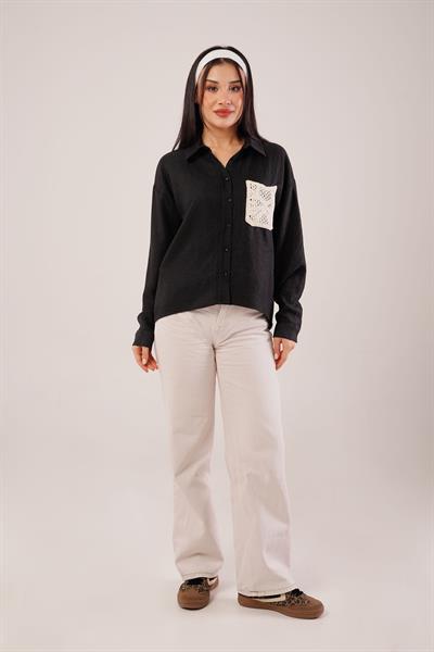 Cep Dantelli Oversize Siyah Gömlek