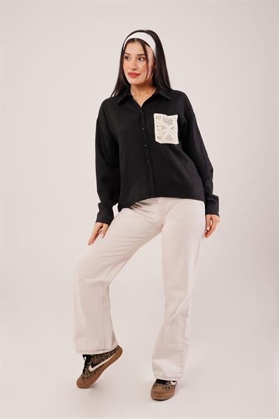 Cep Dantelli Oversize Siyah Gömlek