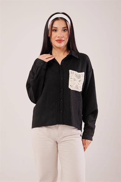 Cep Dantelli Oversize Siyah Gömlek