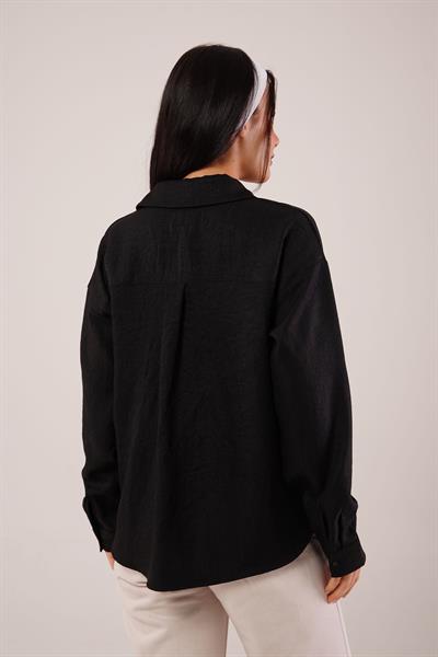 Cep Dantelli Oversize Siyah Gömlek