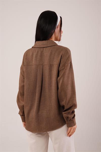 Cep Dantelli Oversize Taba Gömlek