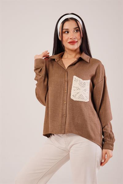 Cep Dantelli Oversize Taba Gömlek