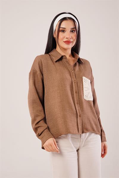 Cep Dantelli Oversize Taba Gömlek
