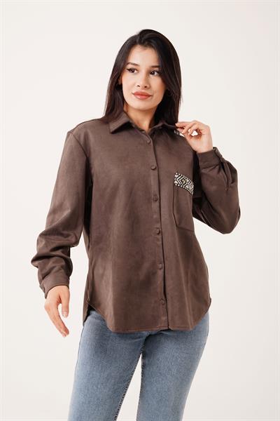 Cep Desenli Kahve Nubuk Gömlek