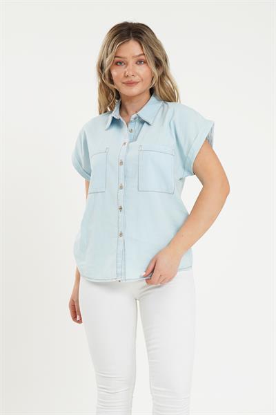 Cepli Dikişli Denim Mavi Gömlek