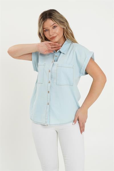 Cepli Dikişli Denim Mavi Gömlek