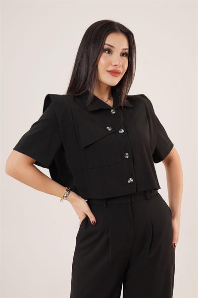 Cepli Düğmeli Bluz ve Diz Detaylı Pantolon Siyah İkili Takım