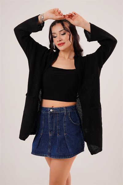 Cepli Salaş Model Triko Uzun Siyah Hırka