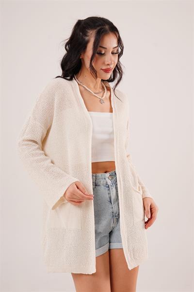 Cepli Salaş Model Triko Uzun Krem Hırka