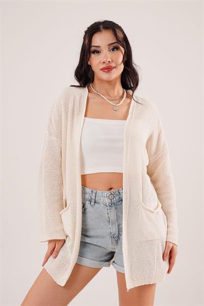 Cepli Salaş Model Triko Uzun Krem Hırka