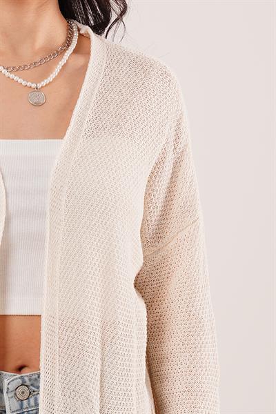 Cepli Salaş Model Triko Uzun Krem Hırka