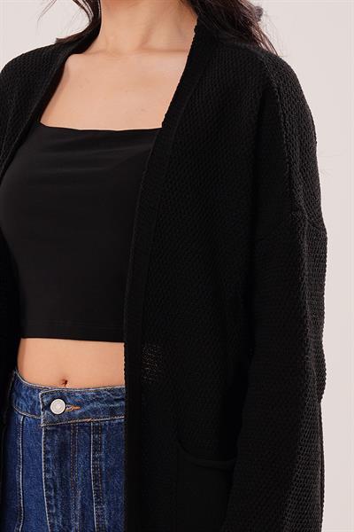 Cepli Salaş Model Triko Uzun Siyah Hırka