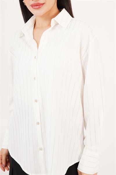 Gold Çizgili Düğmeli V Yaka Beyaz Gömlek