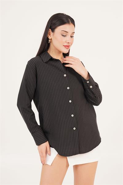 İnce Çizgi Detay Düğmeli Siyah Gömlek