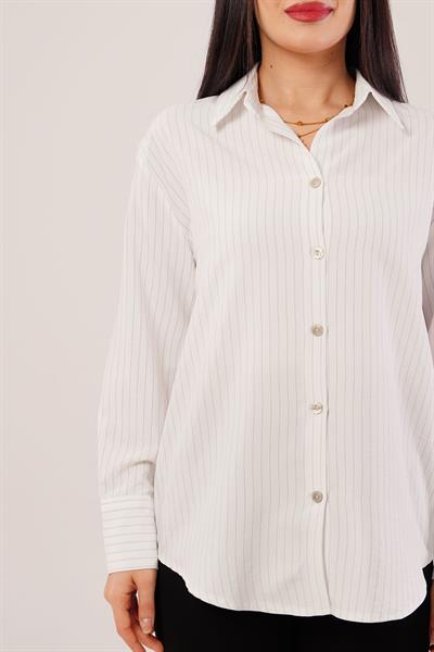 İnce Çizgi Detay Düğmeli Ekru Gömlek