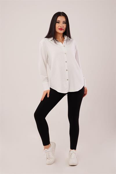 İnce Çizgi Detay Düğmeli Ekru Gömlek