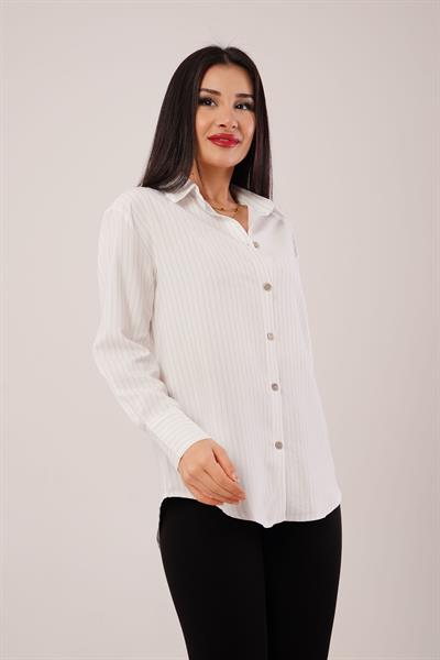 İnce Çizgi Detay Düğmeli Ekru Gömlek