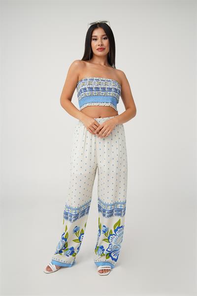 Çiçek Desenli Crop Pantolon İkili Takım