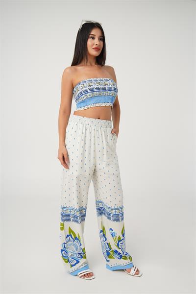 Çiçek Desenli Crop Pantolon İkili Takım