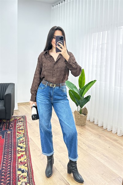 Çiçek Desenli Kahve Gömlek