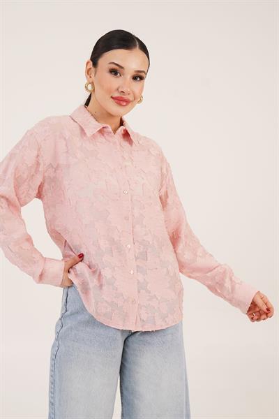 Çiçek Desenli Somon Gömlek