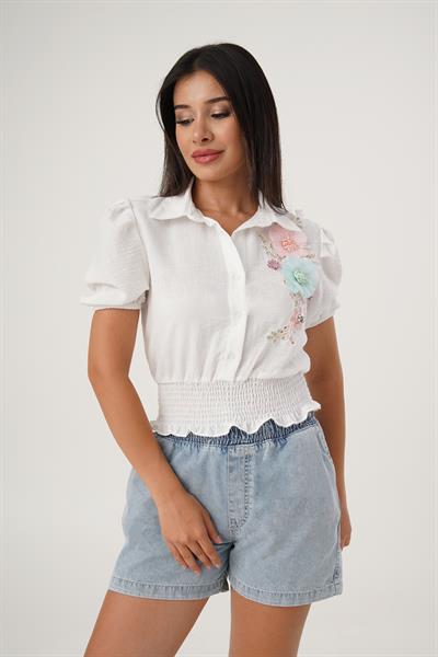Çiçek Nakış İşlemeli Beli Lastikli Beyaz Bluz