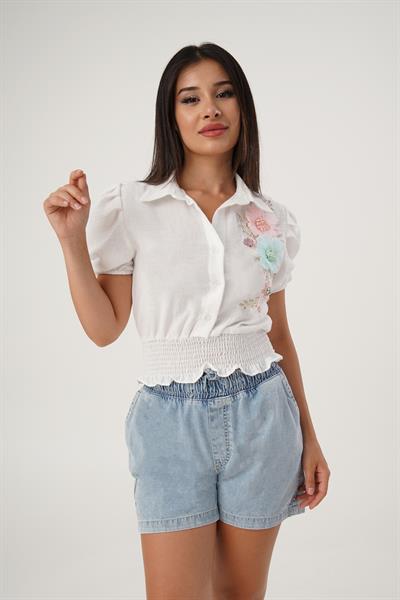 Çiçek Nakış İşlemeli Beli Lastikli Beyaz Bluz