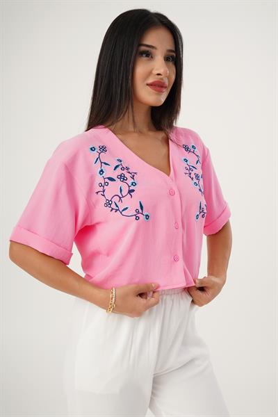 Çiçek Nakışlı Kısa Kol Pembe Gömlek