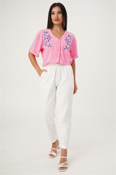 Çiçek Nakışlı Kısa Kol Pembe Gömlek