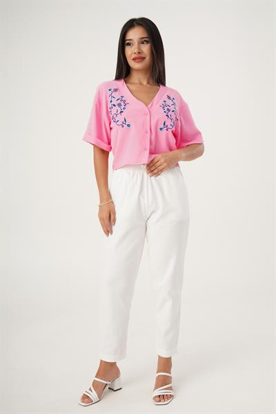 Çiçek Nakışlı Kısa Kol Pembe Gömlek