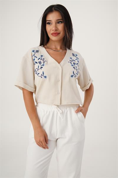 Çiçek Nakışlı Kısa Kol Taş Gömlek
