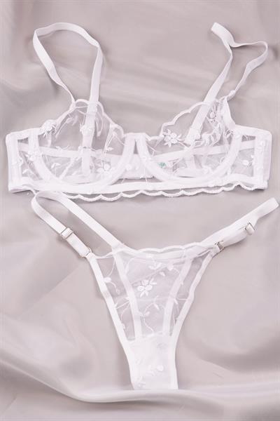 Çiçek Nakışlı Transparan Beyaz Bralet Takımı ( Sütyen & Tanga)