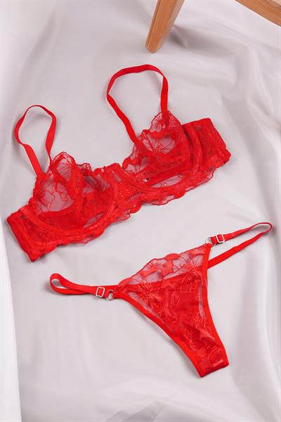 Çiçek Nakışlı Transparan Kırmızı Bralet Takımı ( Sütyen & Tanga)