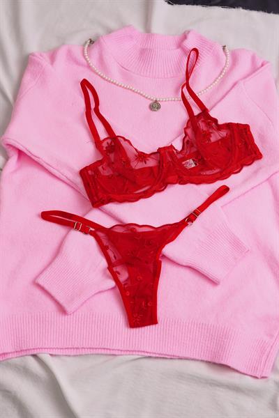 Çiçek Nakışlı Transparan Kırmızı Bralet Takımı ( Sütyen & Tanga)