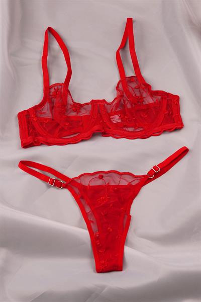 Çiçek Nakışlı Transparan Kırmızı Bralet Takımı ( Sütyen & Tanga)