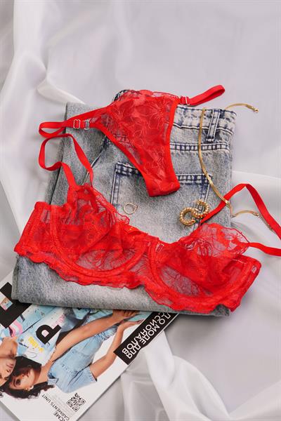 Çiçek Nakışlı Transparan Kırmızı Bralet Takımı ( Sütyen & Tanga)