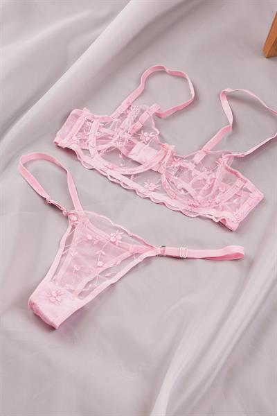 Çiçek Nakışlı Transparan Pembe Bralet Takımı ( Sütyen & Tanga)
