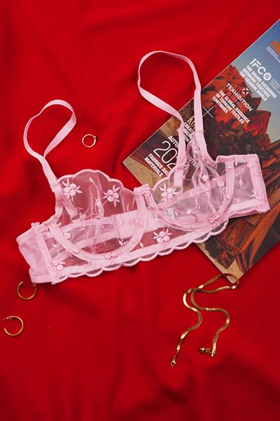 Çiçek Nakışlı Transparan Pembe Bralet Takımı ( Sütyen & Tanga)