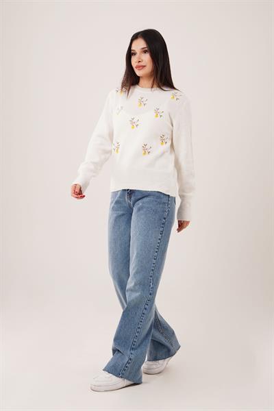 Kış Çiçeği Nakışlı Bisiklet Yaka Ekru Kazak