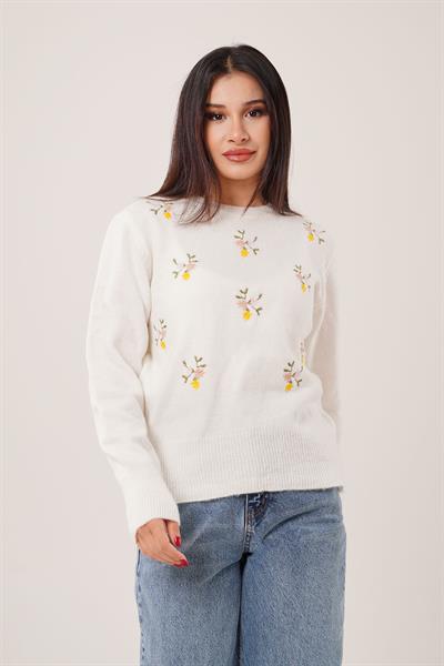 Kış Çiçeği Nakışlı Bisiklet Yaka Ekru Kazak