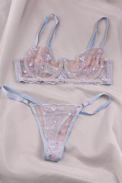 Çiçek Nakışlı Tüllü Bebe Mavisi Bralet Takımı (Sütyen & Tanga)
