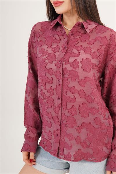 Çiçek Desenli Bordo Gömlek	